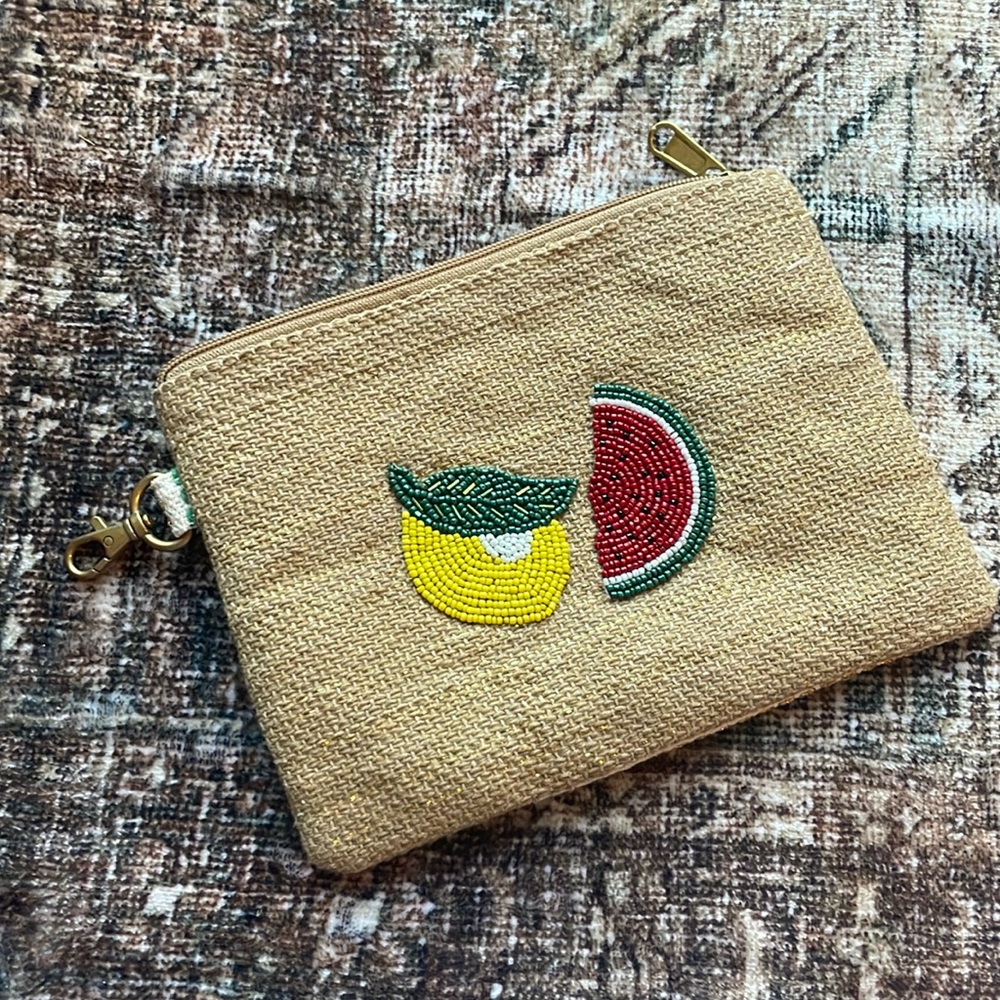 Reversible Beaded Lemon & Watermelon Woven Clutch | Straw Zip Pouch